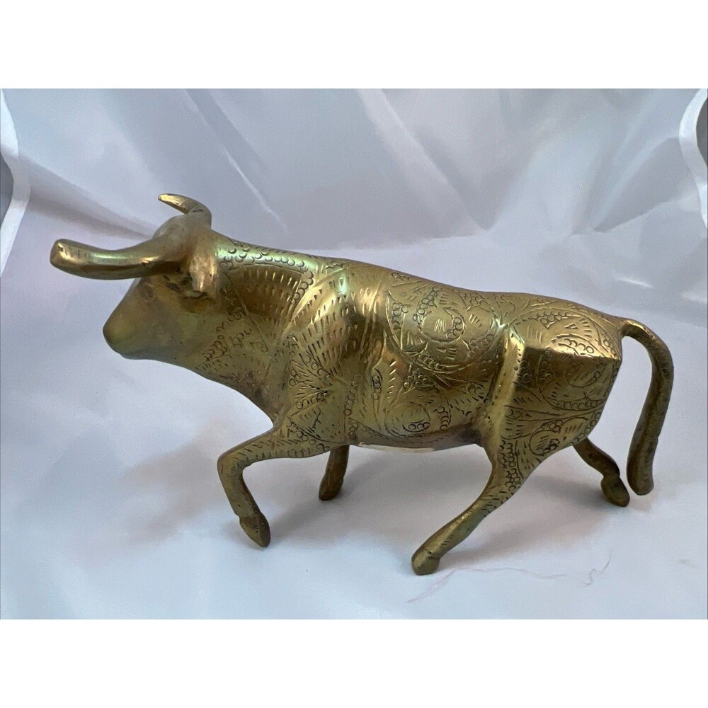 Vintage Hand Carved Copper Bull Sculpture Engraved Metal Art Figurine